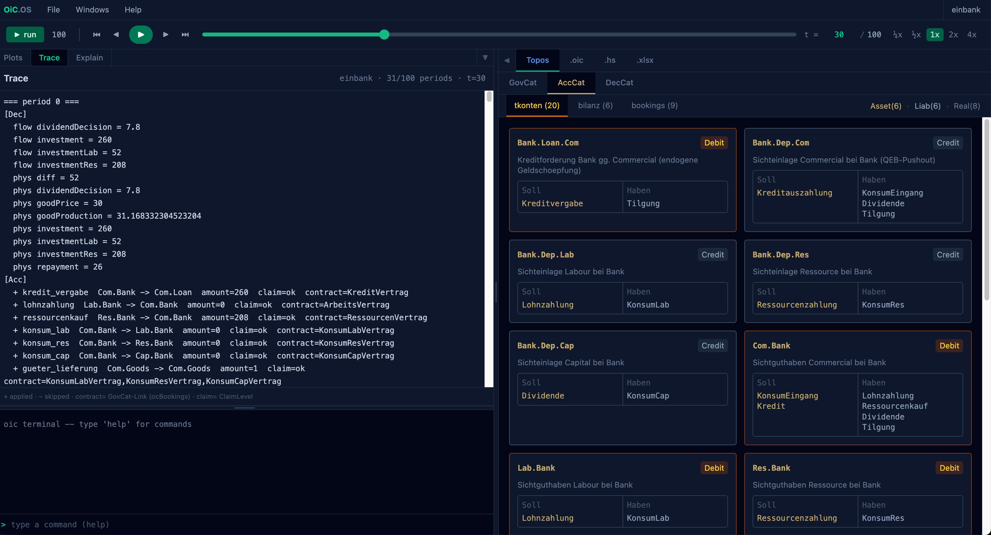 OiC.OS — Trace log and AccCat T-accounts